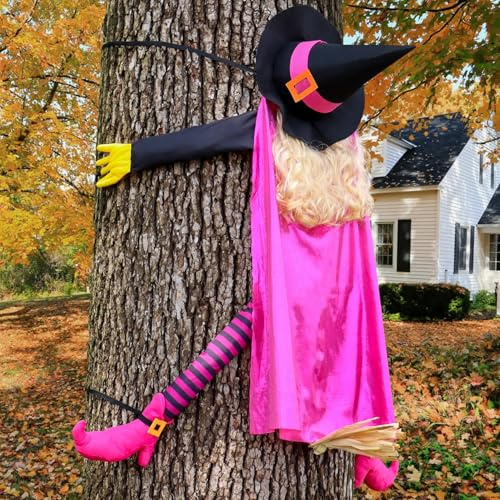 Giiffu Halloween Deko- 135cm Rosa Hexe Baum Dekoration, Lustige Hexe Gegen Baum für Outdoor Garten, Hof, Terrasse, Rasen, Veranda, Zaun, Fenster, Spukhaus, Halloween Ornament