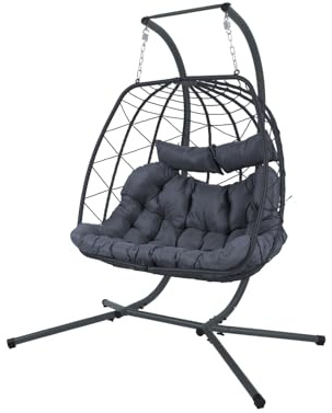 ALEOS. Doppel Twin Rattan Geflecht Korb Hängesessel m Gestell Dicker Poster | Modell KORFU, Inkl. großem dickem Polster, Indoor und Outdoor, Komplett-Set
