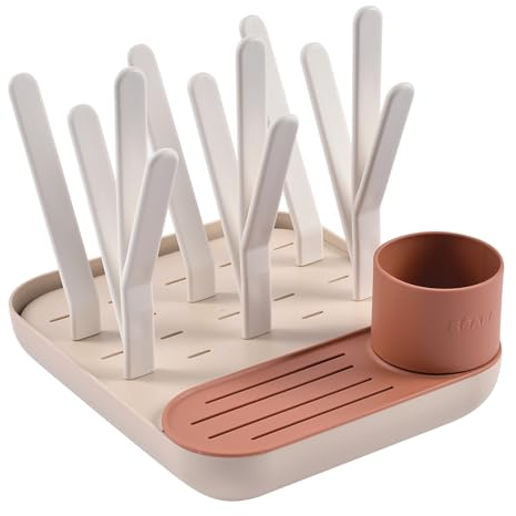 BEABA, Baby Bottle Drying Rack, Large Capacity, Modular, Up to 6 Bottles and Children's Crockery, Accessory Jar, Optimised Drainer, Easy to Store, Compact, Practical, Terracotta