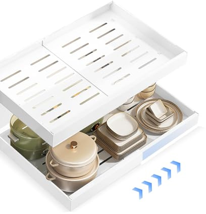 CnosDB 2 Cassetto Estraibile Cucina, Cassetti Estraibili per Cucina Non Sono Necessarie Forature E Chiodature Espandibile Cassetto Telescopico per Bagno Soggiorno 32-52x42x7cm (white*2)