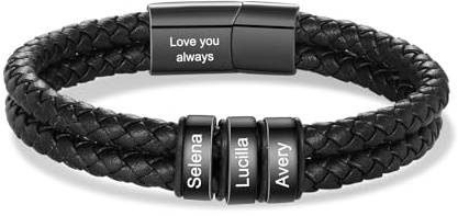 kaululu Personalisierte Herren Lederarmband mit Namen Graviert Perlenarmband Schwarz Braun für Männer Papa Opa Freund Vatertag Geschenke Weihnachten Personalisierte Geschenke Männer