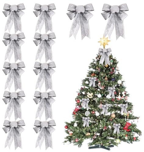 Jupsk Weihnachten Schleife Set, 12 Stücke Schleifen Glitzer Weihnachtsdeko Weihnachtsbaum Schmuck Girlande Deko (Silbrig)