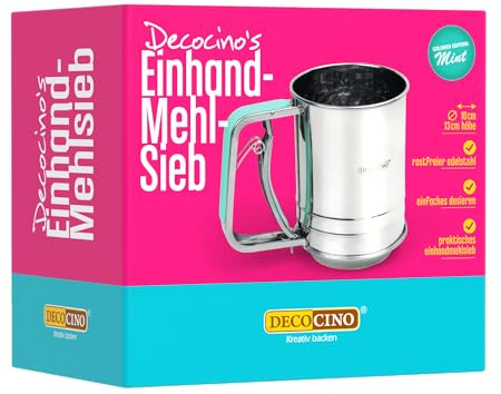 DECOCINO Einhand Mehlsieb -Feines für Puderzucker Mehl Kakao Zimt | Einfache Einhandbedienung für präzises Bestäuben von Backwaren und Desserts