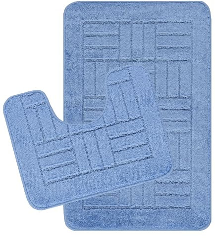 Livabliss Bath Mat Set - Bathroom Mats Sets 2 Piece, Washable Non Slip Bath and Toilet Mat Set - Bathroom Accessories with Absorbent Bathmat Rug, Shower and Co-ordinating Pedestal Carpet, Blue