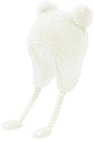 Durio Baby Wintermütze Strickmütze – Unisex Baby Mütze Mädchen Kinder Caps Jungen mit Bommel und Ohrschutzdesign Fleecefutter Beanie Mütze Weiß 0-6 Monate