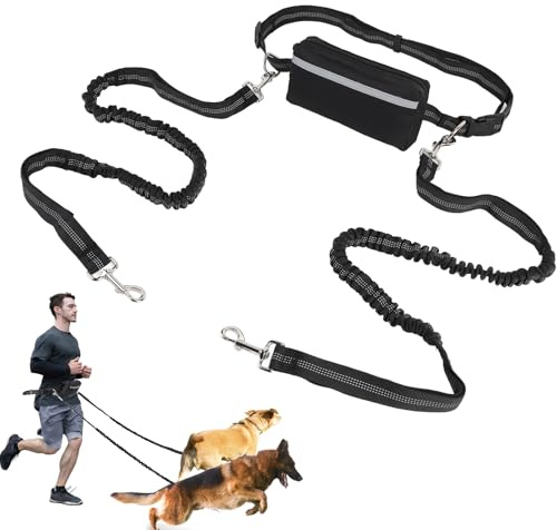 Joggingkoppel för 2 hundar med magbälte, reflekterande hundkoppel med händer, dubbla koppel med stötdämpning och dragkedja för jogging, vandring, stora hundar upp till 50 kg