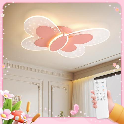 JubelTage LED Kinder Deckenleuchte,Rosa Schmetterling Kreative Deckenlampe,Dimmbar mit Fernbedienung,Nachtlichtfunktion.Kinderzimmer Schlafzimmer Wohnzimmer Schlafzimmer Cartoon Deckenleuchte 35cm