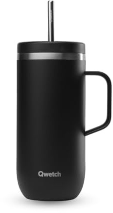 QWETCH - Cold Cup 600ml avec Poignée et Paille - 24h Glacé & 12h Froid - Noir - Gourde Isotherme en Inox, Tasse Thermos Café