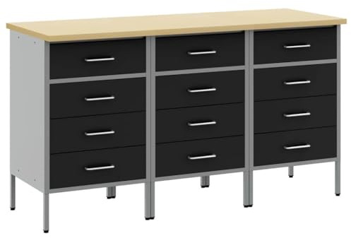 vidaXL Werkbank mit Schubladen 3 pcs Schwarz und Grau 150 x 55 x 85 cm, Workshop-Organisation, robuster Werkzeuglager, praktischer Industrieschrank, rechteckiges Lagersystem für Zuhause