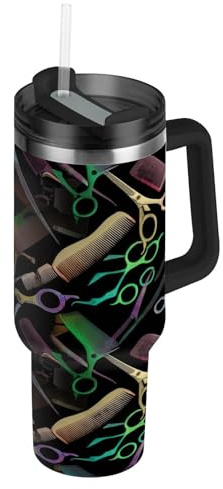 RPLIFE Becher mit Griff und Strohhalm, isolierter Edelstahl-Kaffeebecher für Männer und Frauen, Reisen, Friseurwerkzeug, Schere, 1,2 l, Schwarz