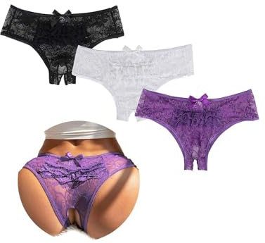 comeondear Tanga Abierto Mujer de Encaje Bragas Brasileñas Mujer Talla Grande Transparente Tanga Ouvert Bragas Abiertas Cintura Baja Ropa Interior Elásticos Slip Thong 3-Negro+Blanco+Morado,XL