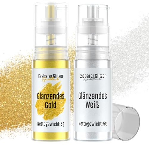 Essbarer Glitzer Spray Gold & Weiß, Wwtop 2 Farben set Lebensmittel Glitzer für Getränke Puder Essbar für Backen, Erdbeeren, Cupcakes, Kuchen, Fondant, Cocktails, Schokolade (5g)