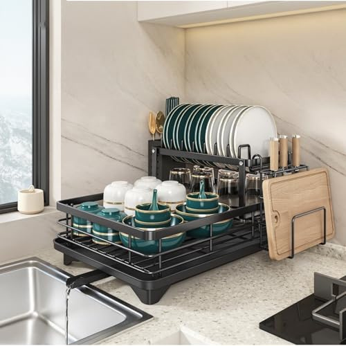 Tel Charme * Escurridor de platos para cocina, escurridor de platos con bandeja de goteo y alfombrilla escurridora, estante de drenaje de platos con boquilla giratoria de 360°, soporte para utensilios