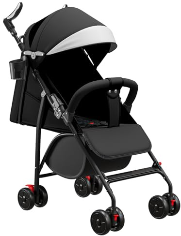 Kompakter Stubenwagen, mit Liegefunktion, von der Geburt bis 4 Jahre (bis zu 25 kg), Sitzen oder Liegen, Verstellbarer Griff, 4-Rad-Kinderwagen mit Baumwollmatte + Moskitonetz - 47*72*97CM - Schwarz
