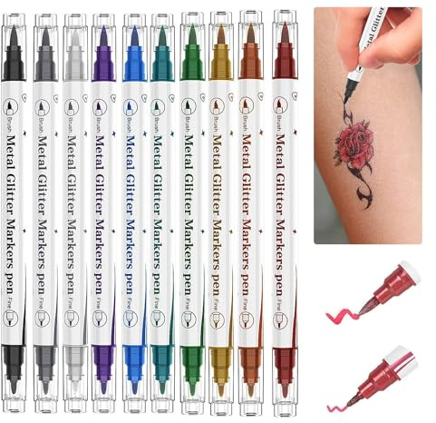 Barlone Temporäre Tattoostifte für Kinder, 10 Farben Tatoo Stifte Kinder, Doppelspitze Tattoostifte Wasserfest Glitzer Tatoo Markers for Skin, für Erwachsener und Kind Körperbemalung