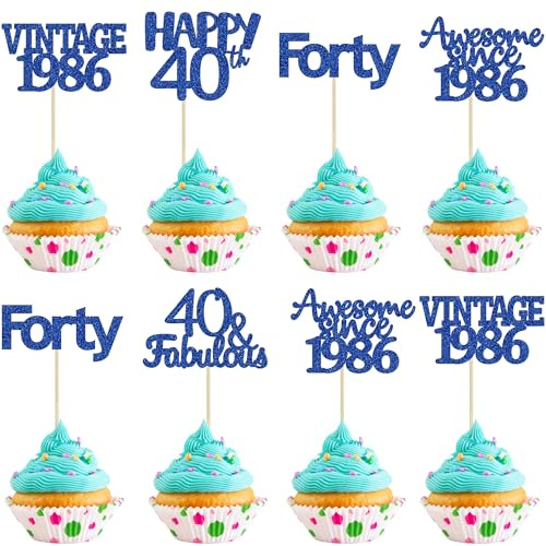 Gyufise 30Pcs Happy 40th Birthday Cupcake Toppers Glitter Forty Vintage 1986 Cupcake Picks Cheers to 40 Fabulous Cake Decorations for Happy 40th Birthday Wedding Anniversary Party Supplies Blue