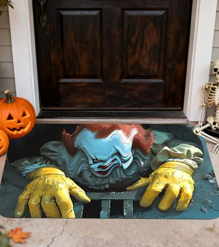 Felpudo para Halloween, 3D con visión estéreo, payaso, terror, felpudo 3D, divertido, suave, con patrón de trampa de payaso, decoración de Halloween, para salón, dormitorio (60 x 40 cm)