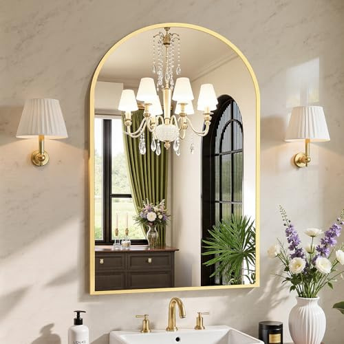 Sweetcrispy 24x36 Arched Gold Bathroom Mirror Wall Mounted Vanity Metal Frame Mirror for Bedroom, Entryway, Living Room