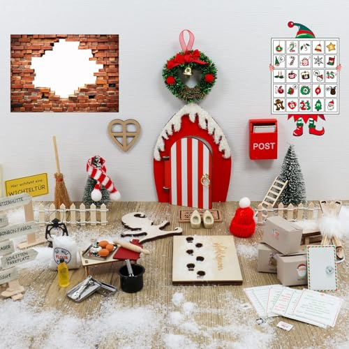 Wichteltür Set 54STK Wichteltür Zubehör Weihnachten Miniatur Wichtel Zubehör Baustelle Set inkl. Backset, Briefumschläge, Kinderzimmer Dekoration für Advent Weihnachten DIY Geschenk für Kinder
