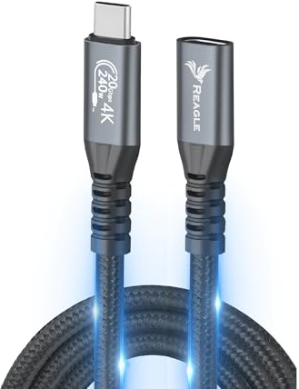 Reagle Câble USB C 3 m - 240 W PD 3.1 Charge rapide - Transfert de données 20 Gbps - Vidéo 4K @ 144 Hz - Extension USB-C 3.2 Gen2x2 - Compatible Thunderbolt 3 & QC 4.0 - Nylon - Noir