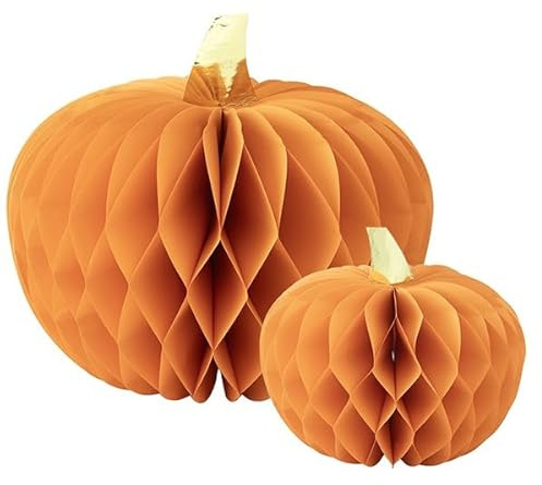 Set 2 ZUCCHE HALLOWEEN in carta arancione e peduncolo ORO, Altezza 20 e 30 cm - addobbo casa