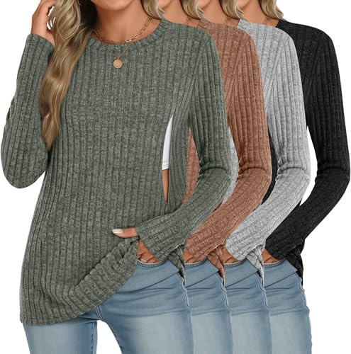 Velvelhall 4 Pack Women Nursing Shirts Breastfeeding Long Sleeve Tops Thermal Sweaters with Hidden Zipper Ribbed Maternity(Black, Light Gray, Brown, Army Green,Large)
