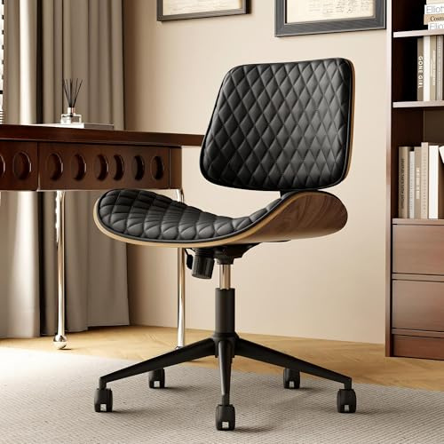EIZIMZVU Ergonomischer Bürostuhl ohne Armlehnen, Höhenverstellbar, Drehstuhl mit Rollen, Schreibtischstuhl aus PU-Leder für Home Office, Schminktisch Stuhl (Pfirsichholz – Schwarz)