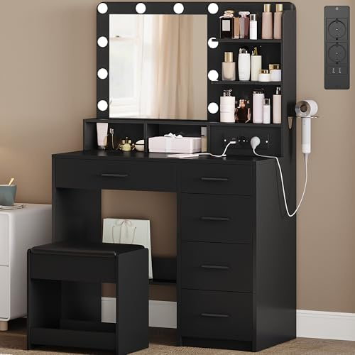 Hzuaneri Postazione Trucco con 10 Luce Led, 3 Colori, Toeletta Trucco con Spina E Grande Specchio, Sgabello E Supporto Per Asciugacapelli, Tavolino Da Toilette A Più Cassetti, Nero DT39006XEU
