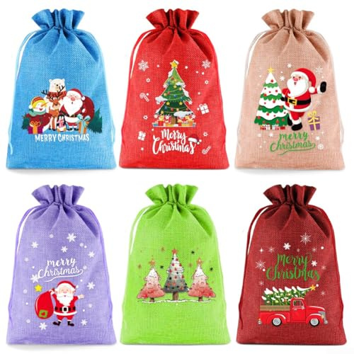 Große Geschenktüten mit Kordelzug, 20 x 30 cm, Weihnachts-Kordelzug, Geschenkbeutel, Stoffbeutel, verschiedene Farben, für Kinderpartys, für Gastgeschenke (6 Stück)