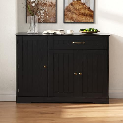 Merax Sideboard Schwarz mit 3 Türen und Schublade, Modernes Stauraummöbel für Wohnzimmer, Kommode im Industrial-Look