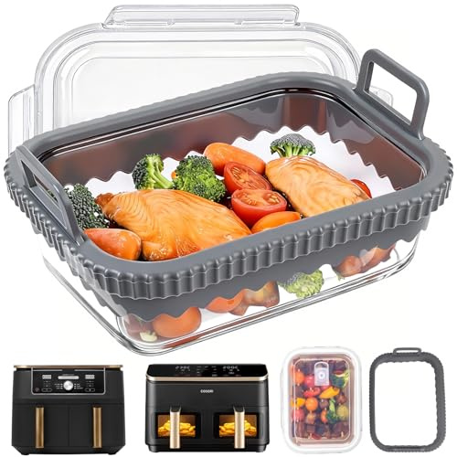 BYKITCHEN Glass Baking Dish for Ninja Air Fryer Dual Zone AF400UK / Double Stack SL400UK 9.5L, Air Fryer Tray/Basket with Removable Silicone Handle & Lid for Meal Prep, Airfryer Accessories