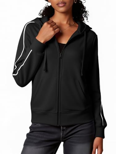 Fisoew Sudadera con capucha para mujer, con cremallera, chaqueta deportiva, sudadera con capucha, camiseta deportiva., Negro , XL