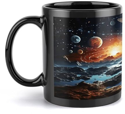 FodPand Planets Stars And Milky Way Galaxy Coffee Cup Black Ceramic Coffee Mug with Handle Classic Sublimation Mug Elegant Drinking Cups Personalized Mugs Fashion Tea Cup for Office Home 12 Oz