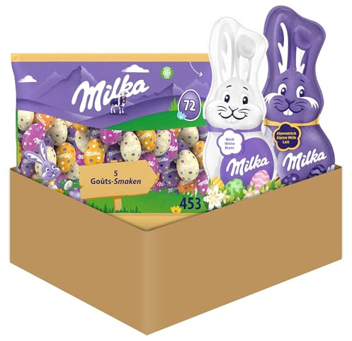 Milka - Assortiment de Chocolats de Pâques : 1 Lapin Chocolat Blanc, 1 Lapin Chocolat au Lait, 1 Sachet de Petits Œufs Mix 5 Goûts - Chocolat à Offrir - Lot x3