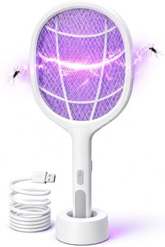 Matamoscas eléctrico – Eficaz capturista de insectos y mosquitos para moscas, mosquitos, insectos – con cargador USB C y soporte recargable (matamoscas XXL de 45 cm blanco con soporte - USB C)