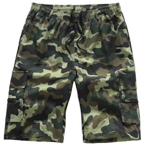 YOUTHUP Pantaloncini da Uomo Bermuda Leggeri Estivi Cargo Elastici in Vita Traspiranti Multitasche, Verde Mimetico, L