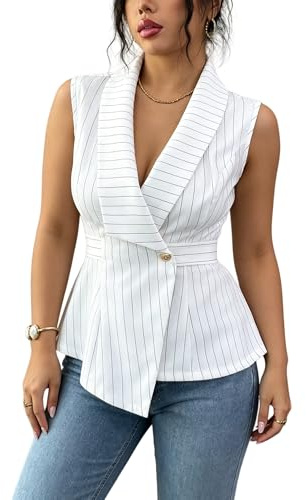 Gilet Sans Manche Femme Gilets Pour Femmes Débardeurs Blancs À Rayures Avec Col À Revers Et Ceinture Style Blazer Sans Manches Élégants Et Chics Coupe Asymétrique Parfaits Pour Le Bureau Ou Le