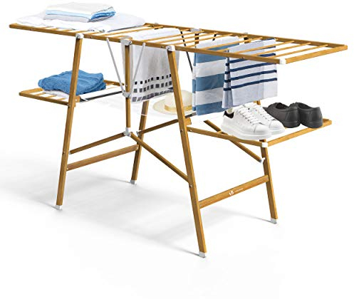 vounot Séchoir à Linge Pliable Deluxe Grand d’étendage 165 * 56 * 90cm Capacité de Séchage 20M Séchoir Extensible sur Pied Charge Max 25KG Couleur Imitation Bois