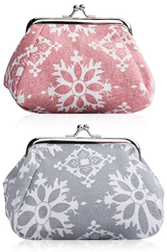 Oyachic 2 Pièces Porte Monnaie Vintage Fleur Portefeuille Femmes Bourse Hasp Coin Purse Sac à Main (Rose + Gris)