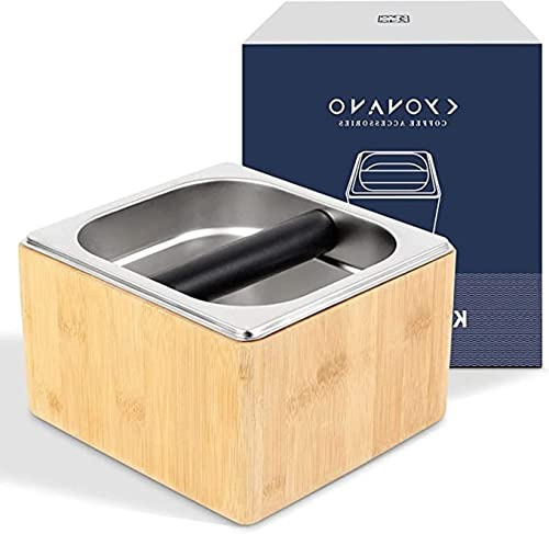 Modern Knock Box, Espresso Knock Box, Coffee Knock Box, Coffee Ground Bin with Durable Knock Bar and Non-Slip Base, Made of Bamboo and Stainless Steel, Breville Barista Espresso Machine Accessories