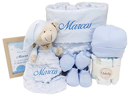 Mababyshop Velvet Canastilla Bebé Personalizada Niño con Manta Burbujas, Dou Dou de Apego y Primera Puesta, Regalo Baby Shower, Azul