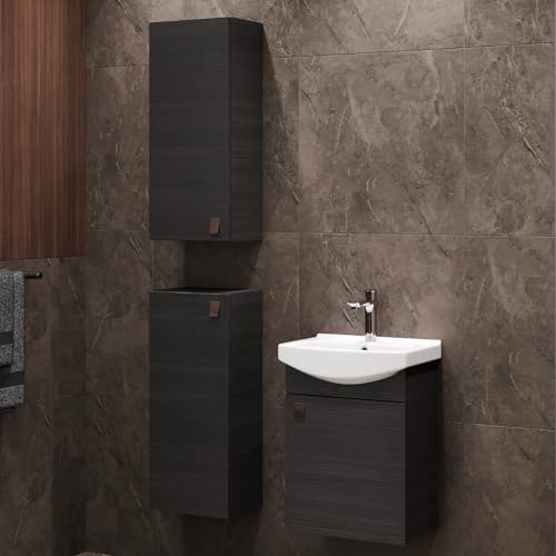 Planetmöbel Badmöbel Set Waschtisch mit Unterschrank | 45 x 60 x 33 cm, 2x Midischrank 32 x 75 x 23 cm für Badezimmer, Gäste WC & Bad, Anthrazit