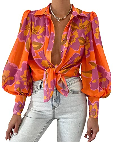 ticticlily Chemisiers Femme Chic et Élégant Blouses à Manche Longues Col V Chemise Hauts Imprimée Floral Tuniques Tops Mousseline de Soie Chiffon Shirts Printemps Été Orange S