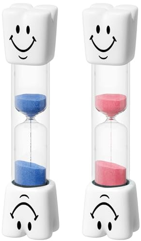 2 Minute Toothbrush Sand Timer for Kids, Small Blue and Pink Smiley Acrylic Hourglass Sand Clock Set, Plastic Glass Mini Sandglass for Classroom Games Kitchen (Pack of 2)