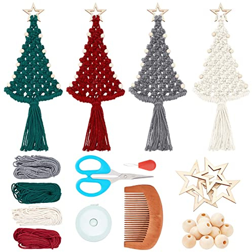 FREEBLOSS 4 Set Weihnachtsbaum Makramee DIY Kit mit Schritt-für-Schritt-Anleitung für Anfänger Weihnachtsbaum Hängende Ornamente für Urlaub Wandbehang Dekoration