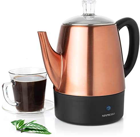 Mixpresso Percolatore elettrico per caffè con corpo in rame con coperchi in acciaio inox, caffettiera elettrica a percolatore, 4 tazze, caffettiera da campeggio in rame