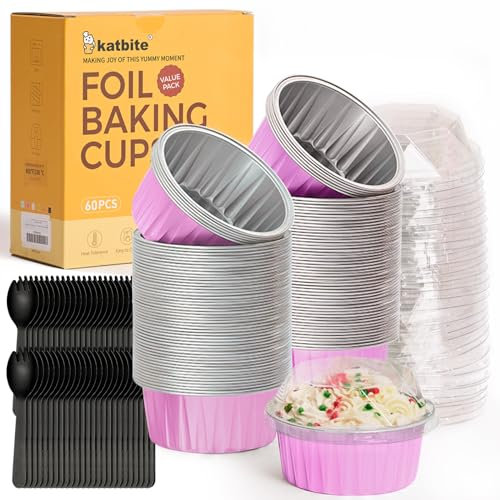 Katbite - Moldes desechables con tapas, moldes de aluminio para hornear, 60 moldes duraderos de 5 onzas, ideales para creme brulee, postres, hornear, perfecto para fiestas, catering (rosa)