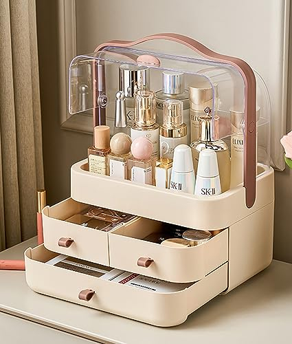 RMAN® Organizador de Maquillaje con Cajones Caja Maquillaje con Tapa Transparente Giratoria 180º Gran Capacidad Organizador Perfumes para Tocador, Baño, Dormitorio - Marrón
