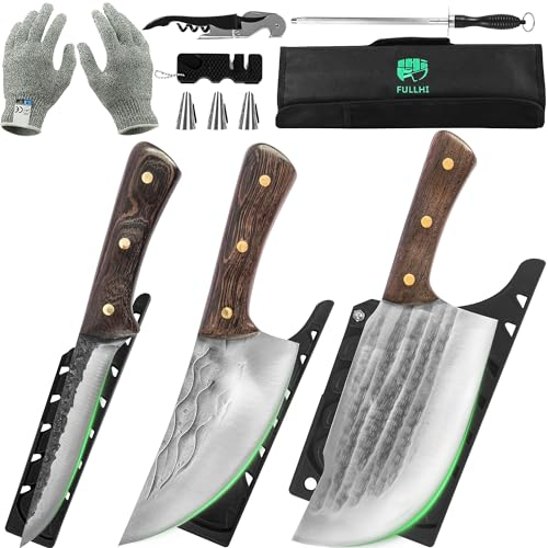 FULLHI Set di 9 pezzi di coltelli da macellaio con borsa per coltelli forgiati a mano in acciaio ad alto tenore di carbonio Set di coltelli da disossare