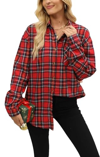 Megfie Chemise à Carreaux en Flanelle Douce boutonnée à Manches Longues pour Femme